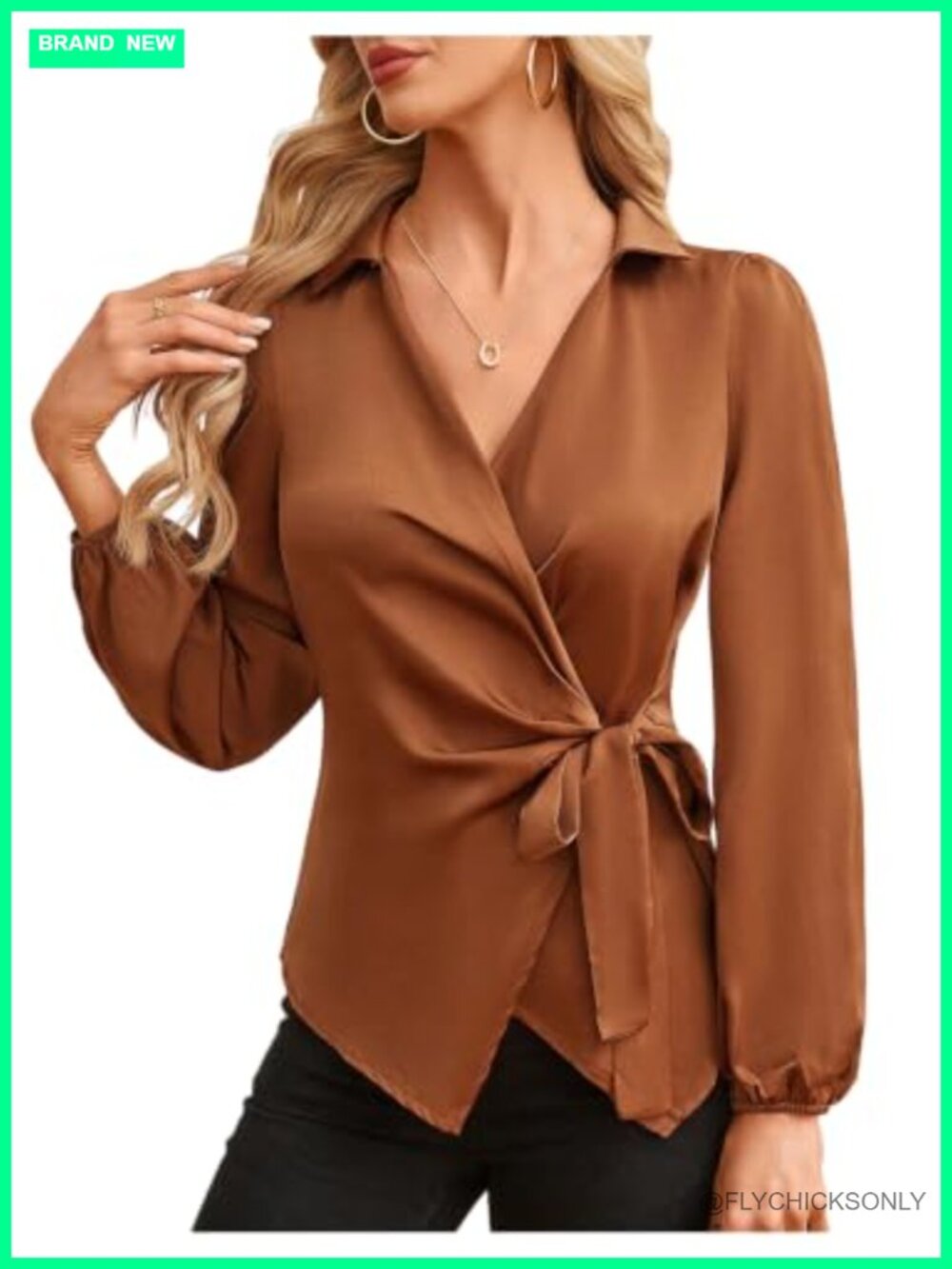 Satin Wrap Blouse Tie Knot Bishop Sleeve Work Top